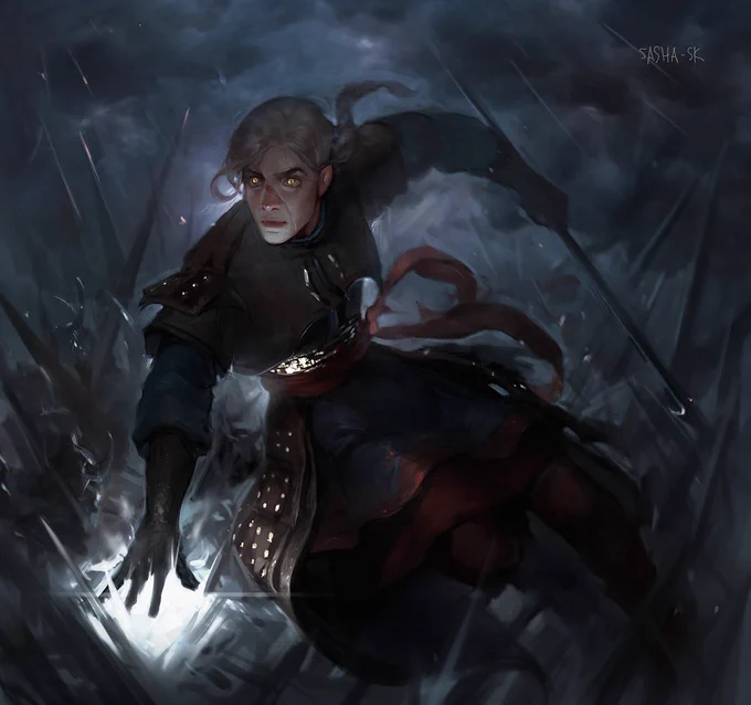 a man with pale skin and white hair, dressed in dark blue and red, floats above a ruined cityscape. he holds one hand outstretched, a ball of white light emanating from it. his expression is grim and determined. broken structures and debris surround him, silhouetted against a stormy, dark sky. the scene is dramatically lit, emphasizing the figure and his magical power.
