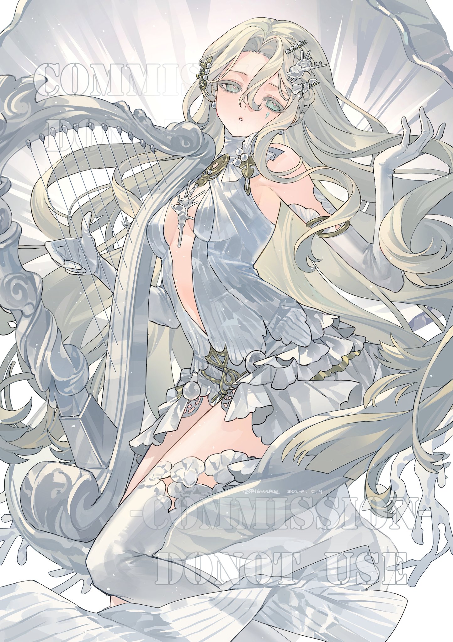 an animestyle illustration depicts a fairskinned woman with long blonde hair, playing a harp. she is dressed in a white dress with frills and ornate jewelry. she wears white gloves. the image has an ethereal, fantasylike quality, with bright lighting. the harp is intricately designed and dominates the left side of the image. the overall color scheme is primarily white and light gray. there is some text indicating "commission, do not use".