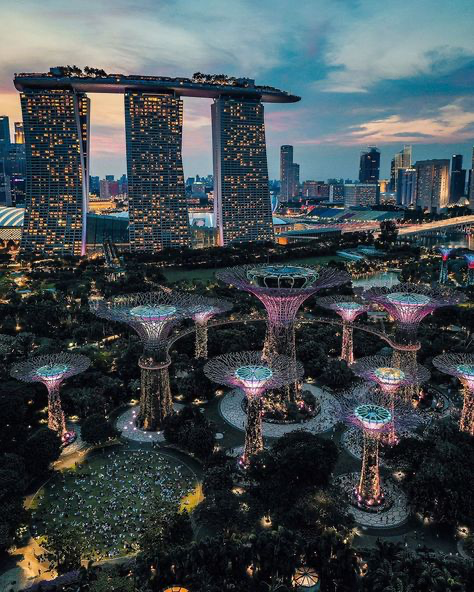 the image is a stunning aerial night shot of singapore's iconic marina bay sands hotel and the gardens by the bay. the three towers of the marina bay sands are brightly lit against the darkening sky, their distinctive architecture dominating the frame.  below, the supertrees of gardens by the bay are also illuminated, creating a magical, otherworldly glow amidst the lush greenery. the surrounding cityscape is visible in the background, with numerous other buildings twinkling with city lights. the overall composition and lighting create a captivating view of this vibrant and modern city. the image suggests a scene of tranquility and beauty, despite the bustling city below.