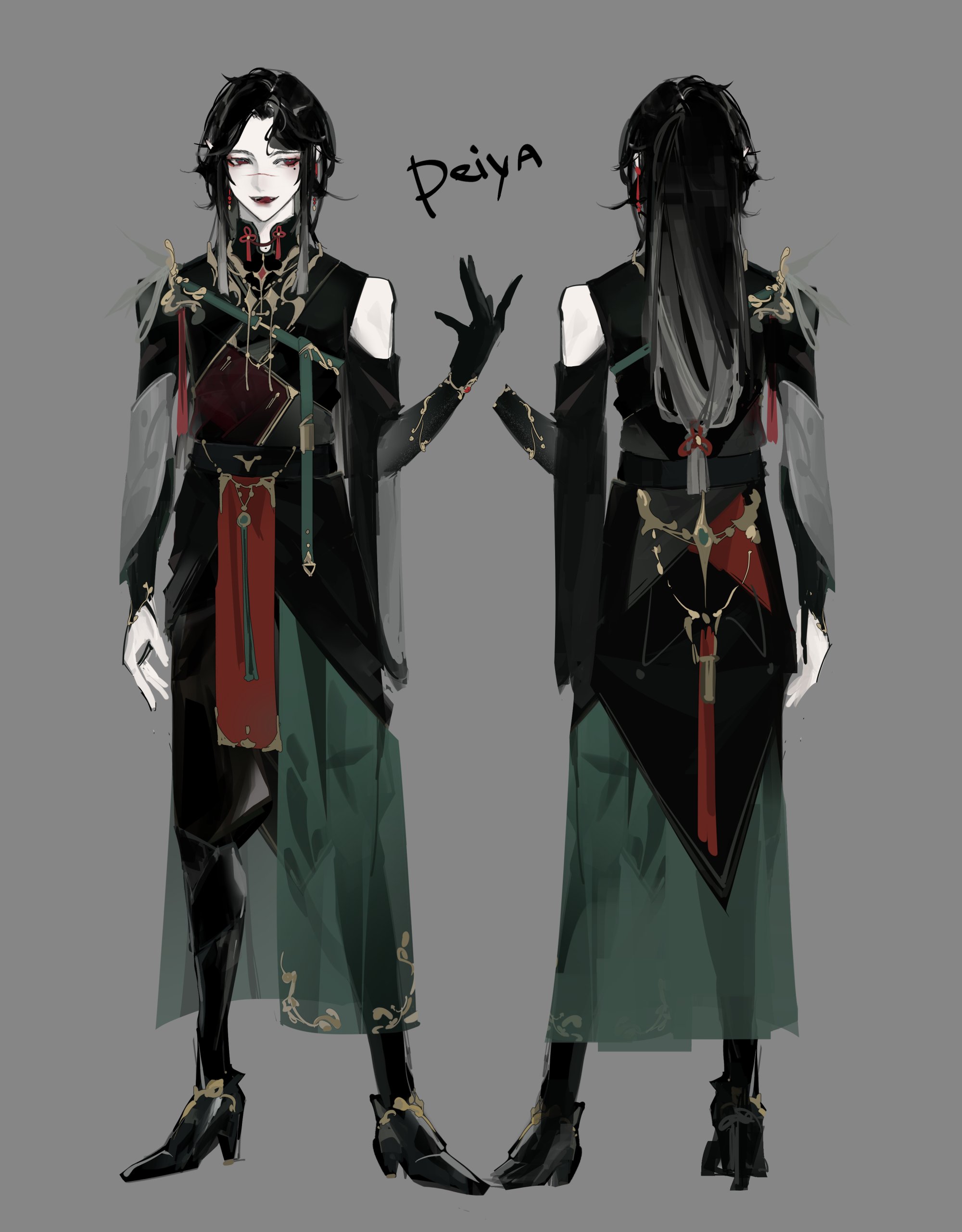 a digital art illustration of an anime male character wearing a traditional chinese outfit. the character is shown from the front and back. he is wearing a black, red, and green outfit with gold accents and long black hair. he is also wearing a white fan and boots. the artwork is detailed with a background of grey.