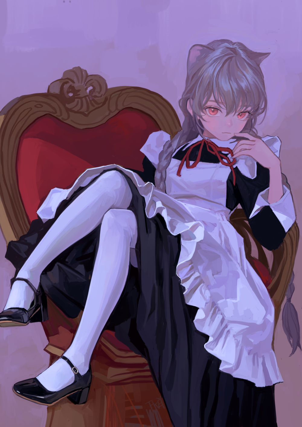 an animestyle image depicts a girl with cat ears sitting regally in a thronelike chair. she's dressed in a maid outfit, featuring a black dress with a white ruffled apron. her legs are adorned with white stockings and black mary jane shoes. her greyishwhite hair is styled in braids. she has striking red eyes and a serious expression. a red ribbon adorns the neck of her maid uniform. the chair she sits in is ornate, with a red cushion and gold detailing. the background is a soft, muted purple.