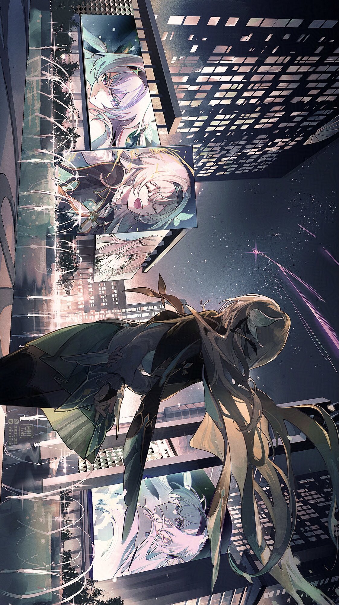 the image is a cyberpunkthemed anime scene.  the foreground shows a girl with long white hair wearing a dark jacket and pants.  the girl is looking down at the city as she leans against a skyscraper with her long white hair trailing down behind her.  the city is lit up in neon lights and rain is falling, with water dripping from the windows of the skyscrapers. in the background, there are multiple billboards displaying images of various anime girls.  there are many windows in the background, making the city look futuristic.  the image is full of contrast between the bright neon lights and the dark shadows, making it very visually appealing. the image is set in a rainy night, adding a sense of mystery and gloom. the image is welldrawn and has a very detailed style, capturing the details of the city and the characters.