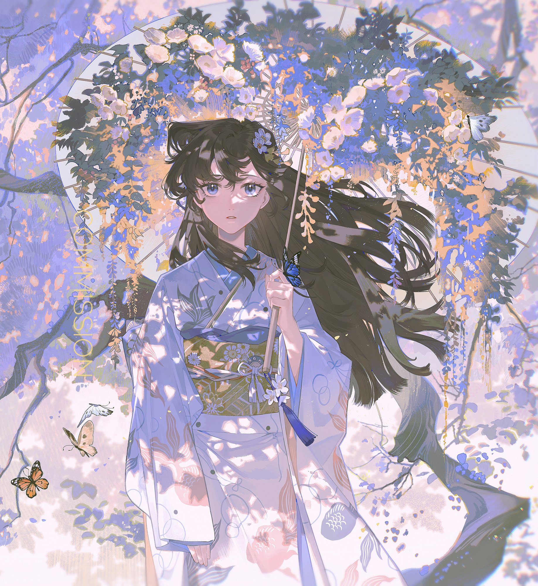 the image is a digital illustration of an anime girl wearing a traditional japanese kimono. she is standing under a blooming wisteria tree, holding a white parasol. the background is filled with delicate flowers and the light is soft and ethereal. the overall feeling is one of peace and beauty.