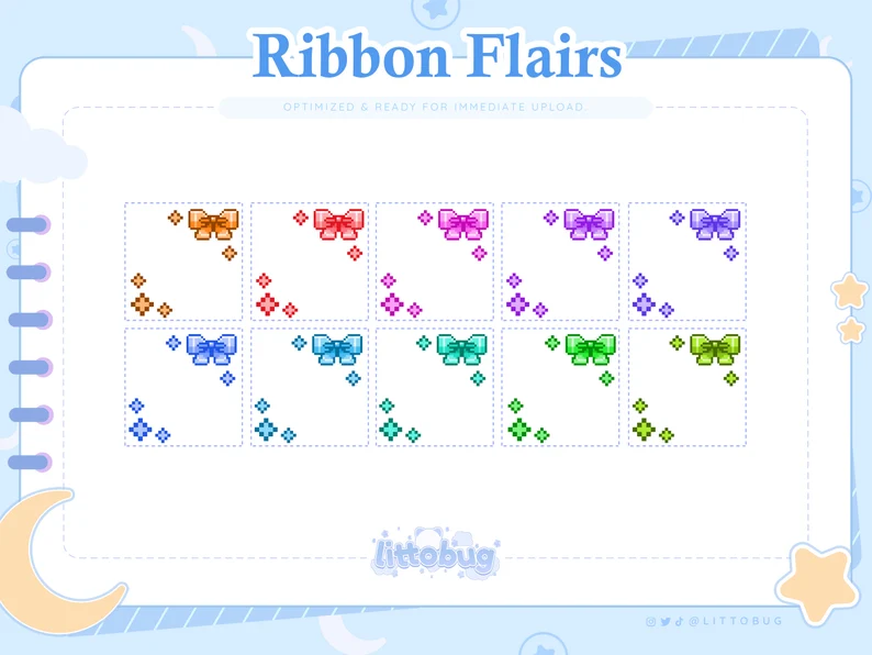 the image showcases a set of nine pixel art ribbon flairs in various pastel colors. each flair features a stylized ribbon with sparkling stars scattered around it. they are presented on a white canvas bordered with a light blue frame and adorned with crescent moons and stars, contributing to a whimsical aesthetic. the title "ribbon flairs" is prominently displayed, along with a caption mentioning optimization for immediate upload. a whimsical logo, "littobug," is placed at the bottom, indicating the creator of these digital assets.
