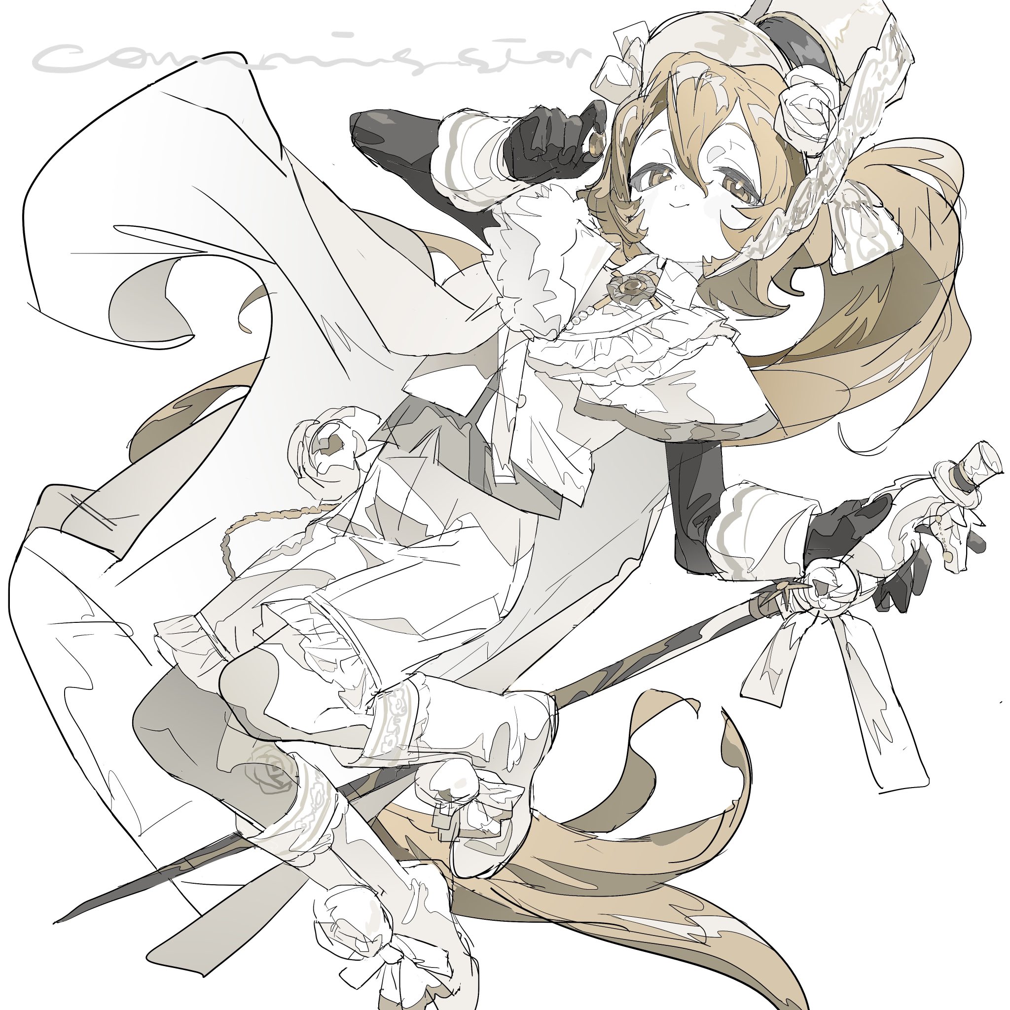 a sketch of an anime girl with long flowing hair and a white dress. she is holding a stick with a ribbon on the end. the girl is smiling and has a hat on. her dress is very detailed and her hair is flowing. the sketch is done in black and white and has a very whimsical feel.
