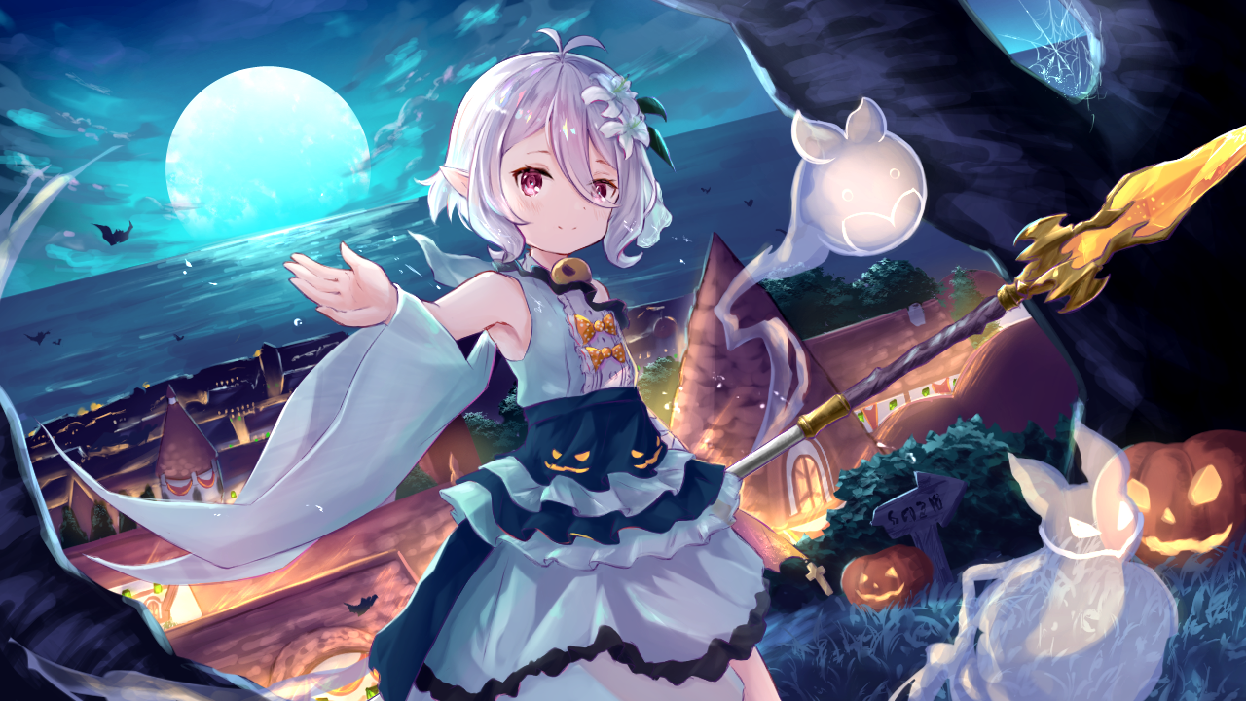 the image is a digital painting of an animestyle girl dressed in a halloween costume. she has white hair, purple eyes, and elflike ears. she is wearing a light blue dress with dark blue accents and pumpkin details, and a white capelike garment flows behind her.  she holds a goldentipped staff, which appears magical or mystical. two ghostly figures with catlike features are near her, and jacko'lanterns are visible in a graveyardlike setting. the background shows a nighttime village scene under a large full moon with bats flying in the sky. the overall mood is whimsical and spooky, suitable for halloween. the art style is very detailed and colorful.