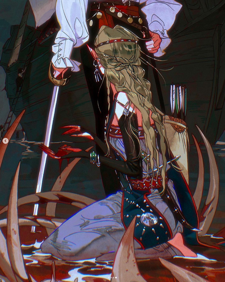 a digital illustration of an elf woman dressed in a warrior outfit and holding a sword. she stands in a pool of red water surrounded by bones, suggesting a battlefield, and stares intently at the viewer. the background is slightly blurred and filled with more bones. the woman is wearing white, blue, gray, and red clothing, and she has long flowing blond hair. she is holding a large silver sword in her right hand and there are arrows in a quiver on her back. she appears to be staring down at the viewer in a defiant manner. her expression is determined and intense, and her posture is strong and confident. this illustration depicts a powerful warrior woman who is ready to fight for what she believes in.