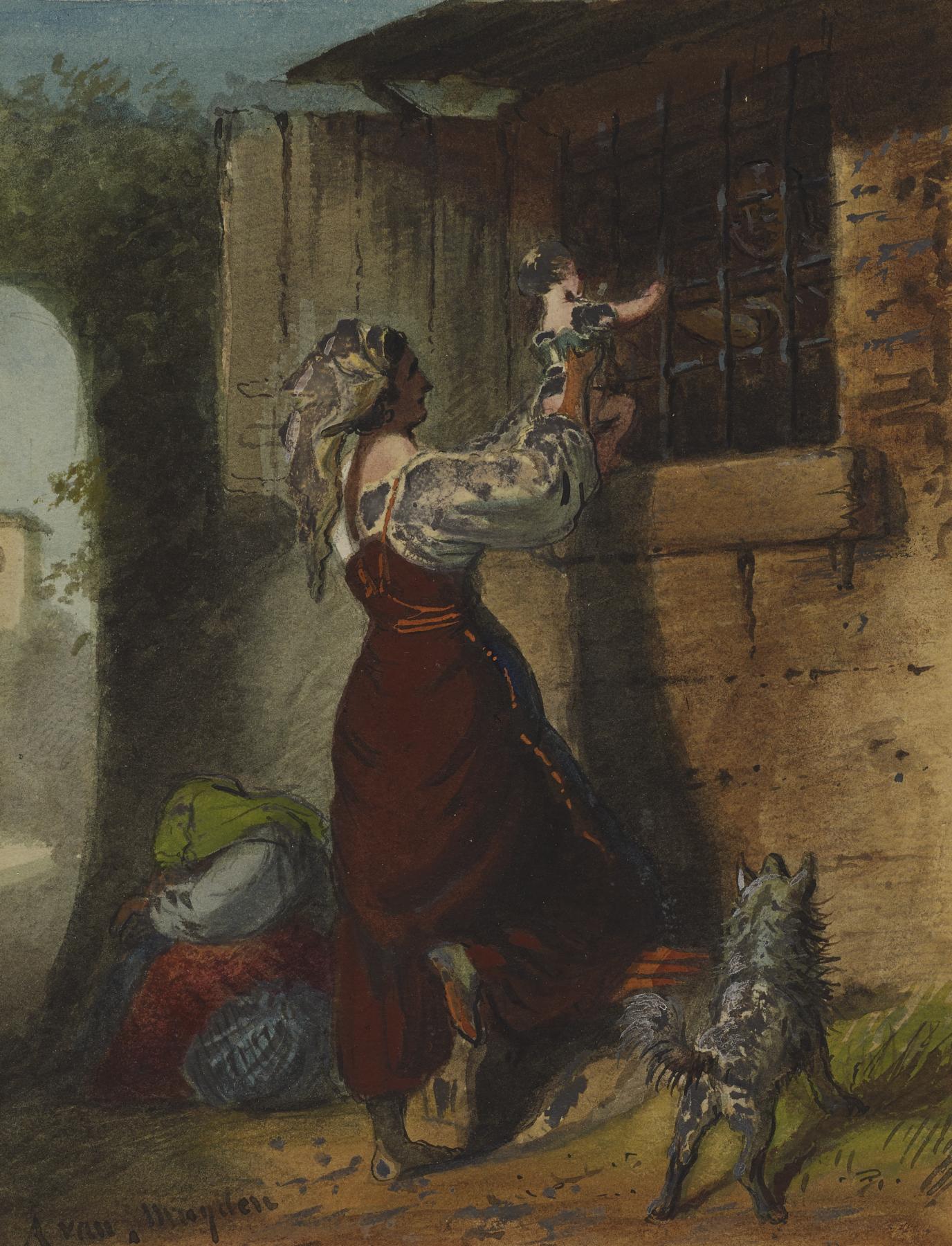 a painting depicts a woman in a folk costume holding a child up to a barred window. the building appears to be made of stone, and an archway is visible on the left. a dog stands nearby, and another figure is seated on the ground near the archway. the scene is likely set in a village or small town.
