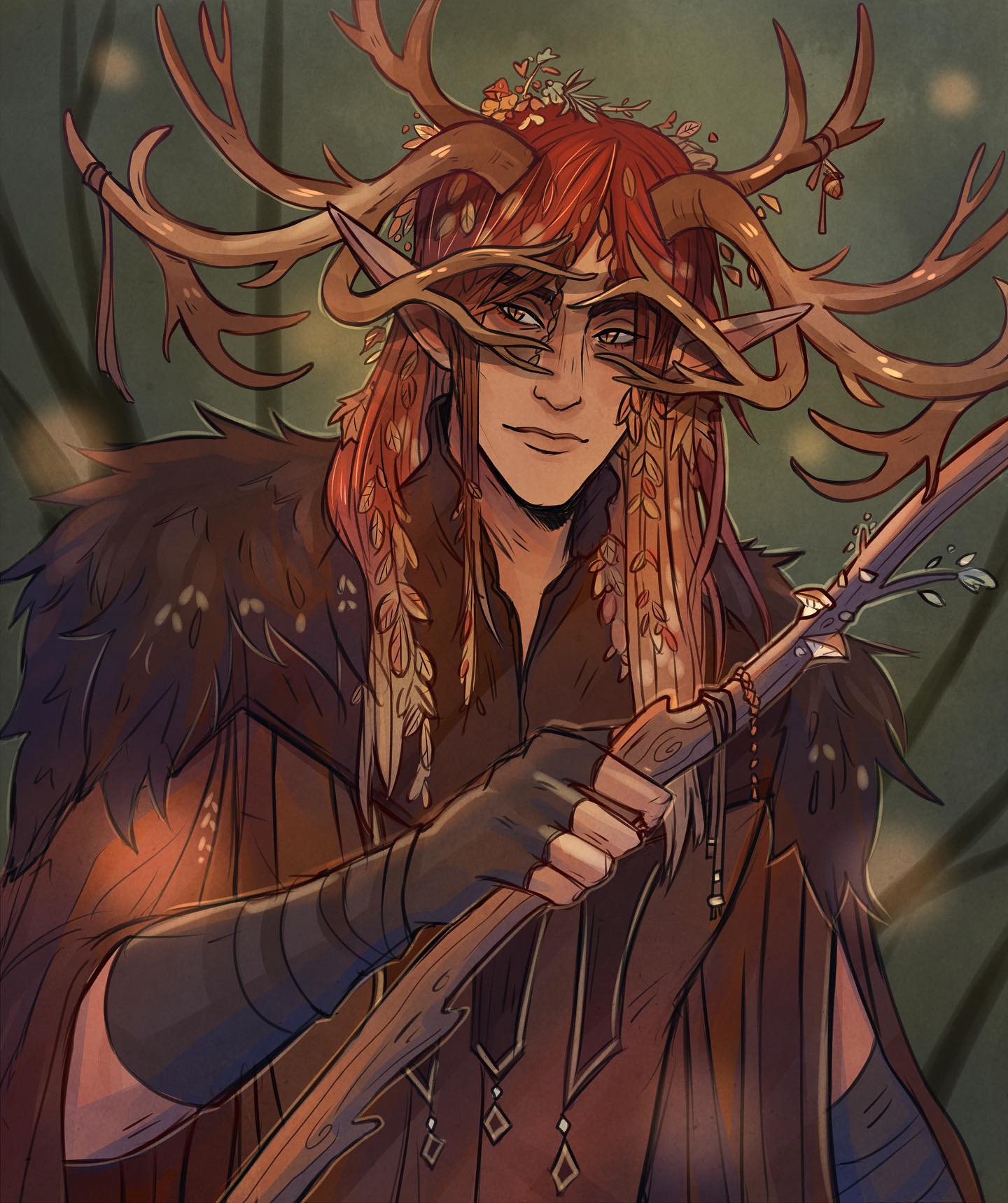 the image is a digital painting depicting a male elflike character. he has long, reddishbrown hair and is adorned with a large crown of antlers, interwoven with autumn leaves and small flowers. he wears a dark brown cloak with fur trim and dark gloves.  he holds a simple, rustic staff made of wood and branches. the background suggests a dark, wooded setting, with muted greens and browns. the overall style is evocative of fantasy art, with a focus on detail in both the character's attire and the natural elements incorporated into the artwork. the elf's expression is calm and somewhat enigmatic. the lighting is soft and atmospheric, creating a mystical mood.