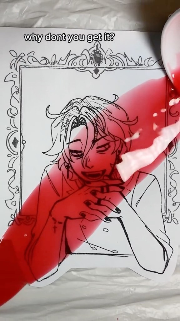 the image shows a timelapse artwork of a vampire. the artist is using red paint to color in the background of the drawing. the vampire in the image is male, with short, choppy hair and fangs. he is wearing a collared shirt and a vest. the drawing is in black and white, with the red paint adding a pop of color. the text "why don't you get it?" is written at the top of the image.