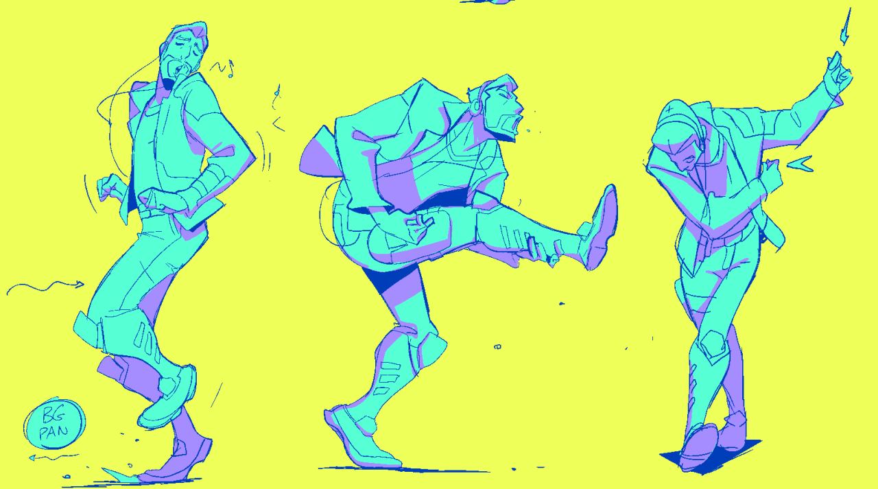 this image shows a cartoon drawing of three men dancing. they are all drawn in a vibrant color palette of yellows, blues, greens, and purples. the men are drawn in different poses, and the image seems to capture them in the middle of their dance moves.