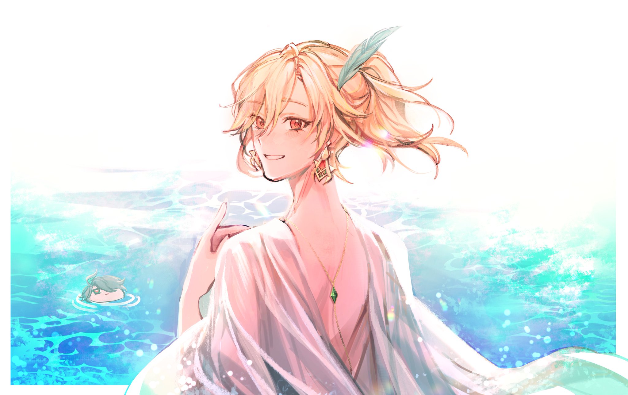 an anime girl with long blonde hair and blue eyes stands in the ocean, smiling. she is wearing a white dress with a necklace and earrings. she has a feather in her hair. the ocean is a light blue color, and the waves are crashing against the shore. the girl is looking off to the side, and her expression is one of joy.