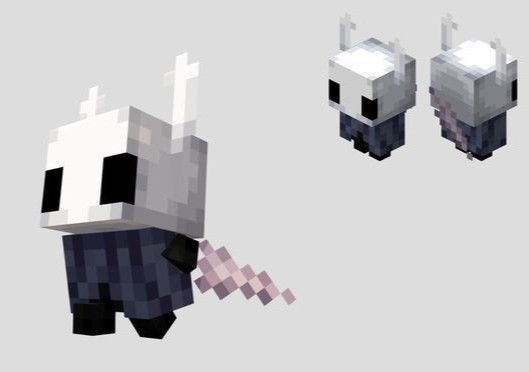 a minecraft rendering of the knight character from the hollow knight video game. the character is rendered in a voxel style and depicted from a 3/4 perspective view. it features a white mask, a dark blue cloak, and a pink tail. two additional views of the character's head are presented, showcasing its front and back.
