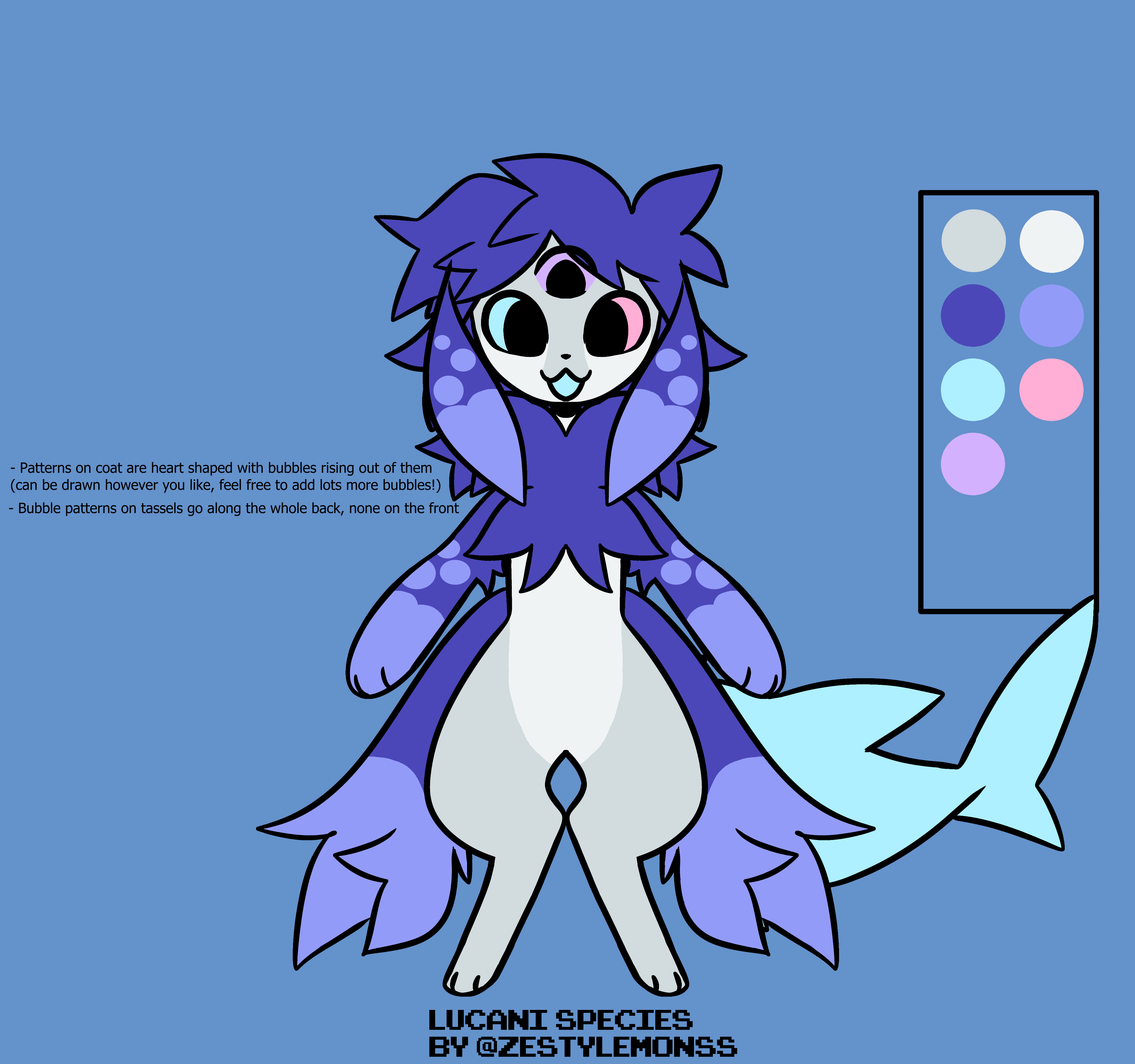 the image is a cartoon drawing of a fantasy creature named a "lucani species"  it's a blue and white colored creature with a heartshaped pattern on its chest. it has a tail like a shark and a head with big ears and a big, pink mouth. the drawing is a little bit stylized and there are some bubbles drawn around the creature to add to the whimsicalness.