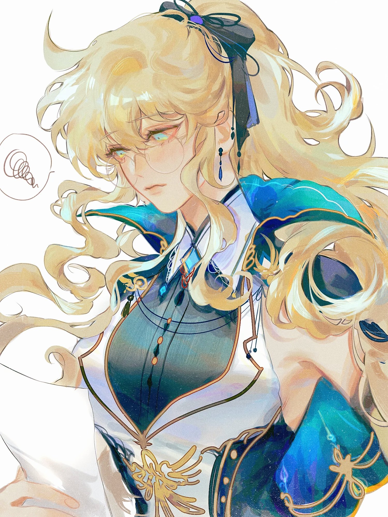 the image is a digital painting of an animestyle girl. she has long, blonde hair styled in a ponytail with a dark ribbon. she's wearing glasses and an elaborate outfit with shades of blue, white, and gold, featuring ornate details and what looks like a bird emblem. she has a slightly serious or thoughtful expression and appears to be looking at or holding a piece of paper.  the style is soft and painterly, with flowing lines and a dreamy atmosphere.  a small, swirling thought bubble is beside her head, hinting at her pensive mood.