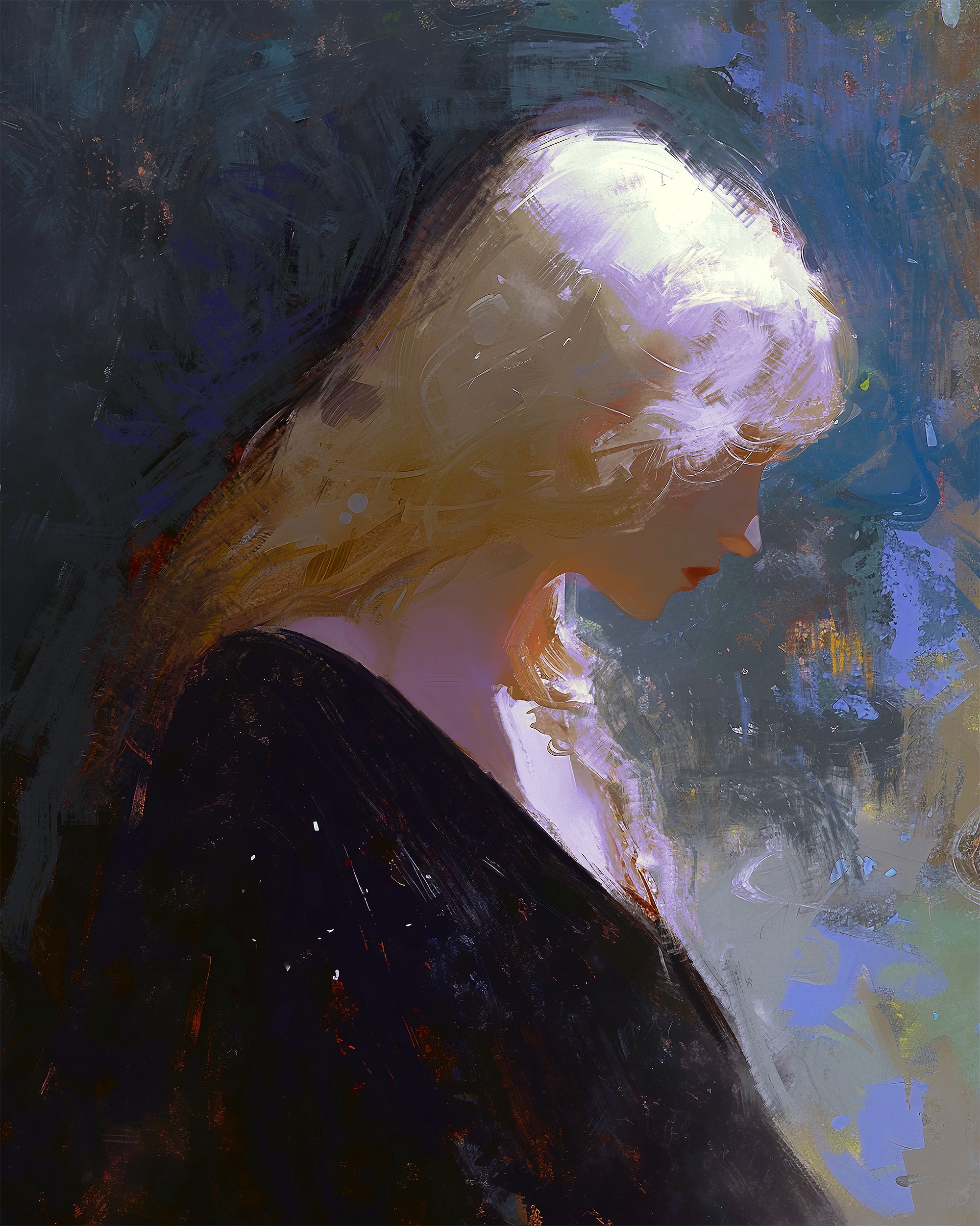 this is a digital oil painting of a young woman with long, blonde hair. she is wearing a black dress and is looking down. the background is abstract and colorful, with a lot of brush strokes. the woman's face is halfhidden in the shadows. she looks sad, perhaps melancholy, and introspective. the painting is mysterious and moody, evoking a sense of atmosphere and dreams.