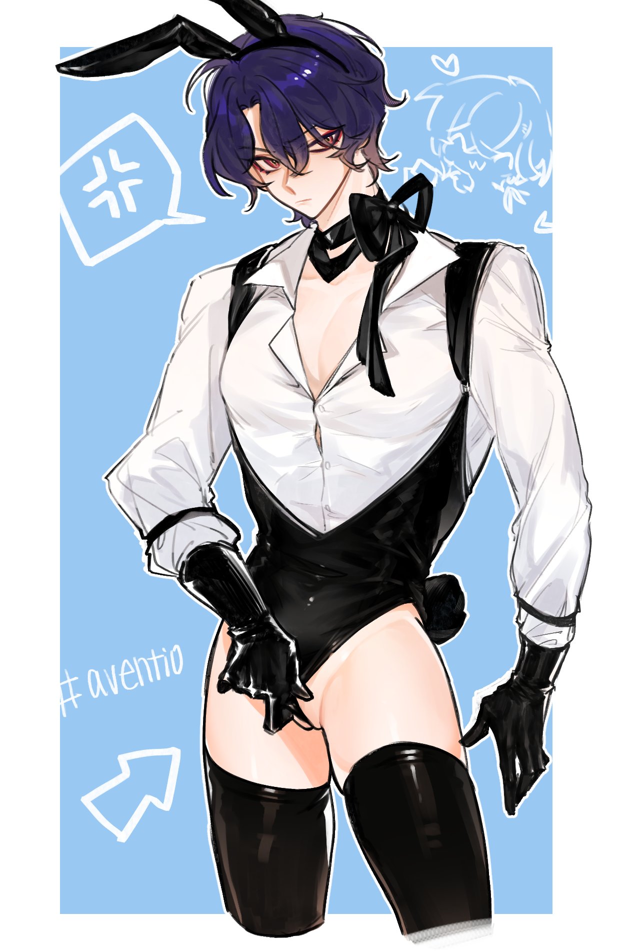 the image is an animestyle fanart depicting a young man dressed in a bunny costume.  he has purple hair, is wearing a white shirt over a black bunny bodysuit, black gloves and thighhigh stockings.  black bunny ears are on his head.  he has an angry expression, indicated by a speech bubble with an angry symbol next to his head. there are also small, lightblue sketches of what appear to be other people, possibly more bunnythemed characters, in the background.  the background is a light blue color, and the hashtag "#aventio" is present in the image. the style is characterized by soft lines and shading.