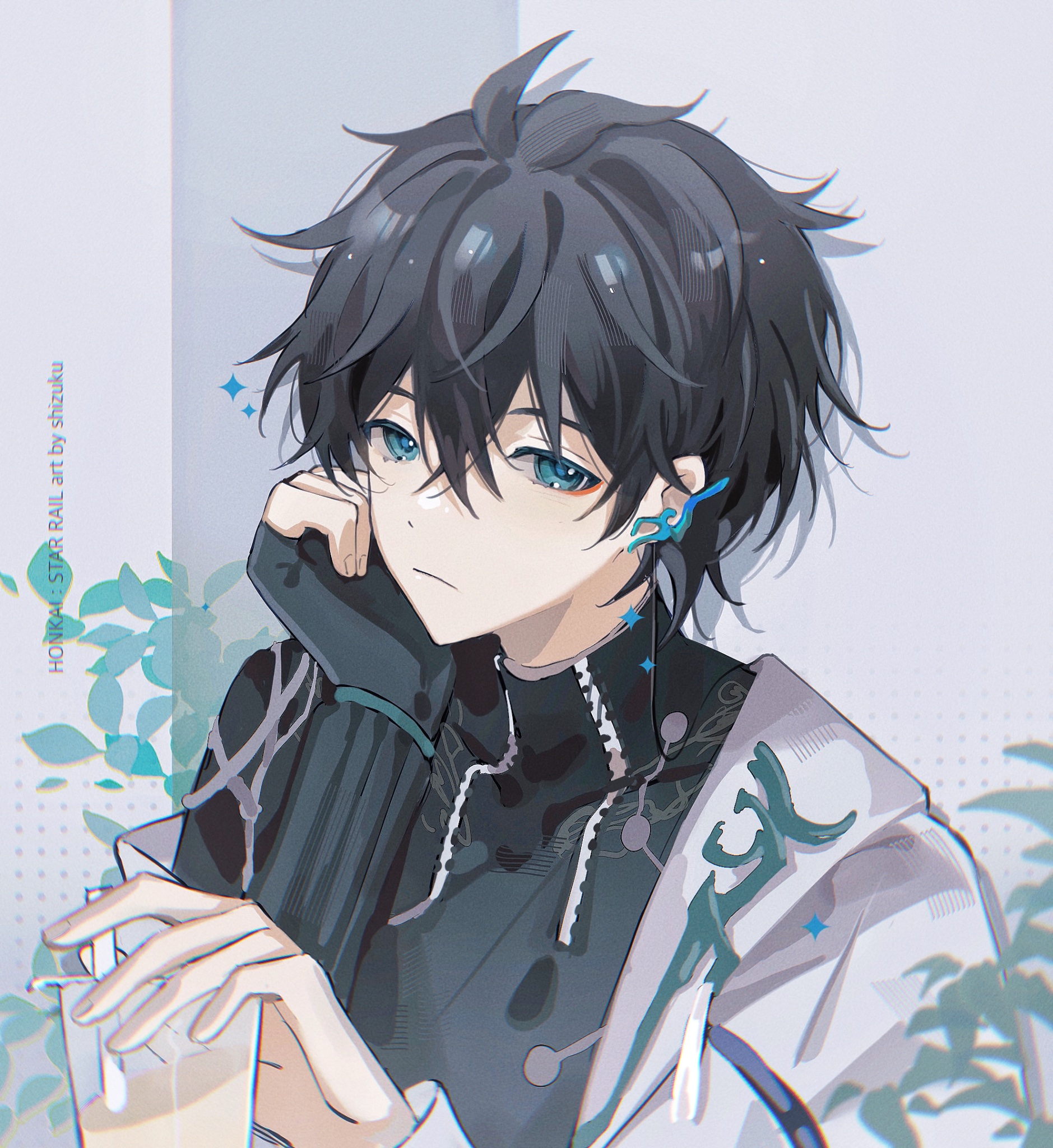 an anime boy with dark hair and blue eyes is looking down, holding a glass of drink with his left hand and his right hand propped on his chin. he is wearing a white jacket over a black shirt. he has an earring in his right ear. the background is a light blue wall with a few green plants.