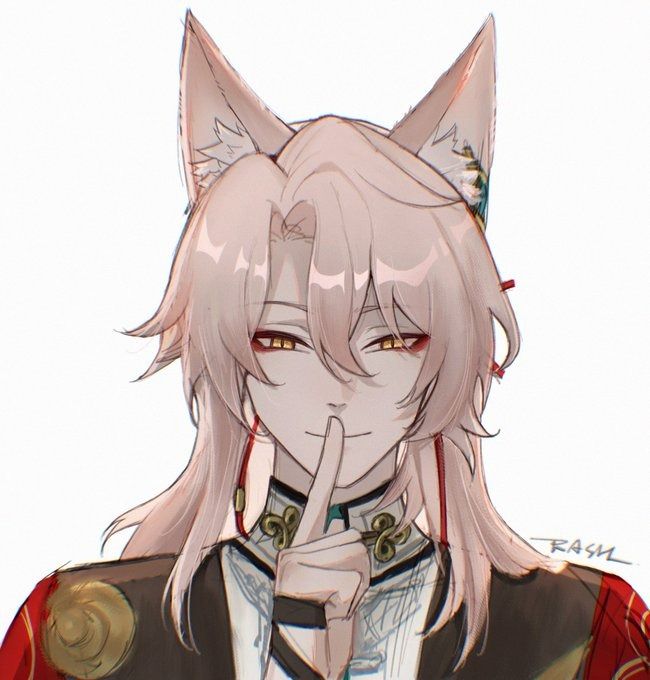 the image is a closeup digital fanart of an animestyle male character. he has long, light pink hair and prominent fox ears, suggesting a kitsunelike character. he's wearing a sophisticated outfit with asianinspired elements, featuring red and gold accents.  his expression is enigmatic, with a slight smile and a finger to his lips, suggesting secrecy or a quiet demeanor. the art style is characterized by soft shading and detailed features, creating a visually appealing and mysterious portrait. the background is a simple, light color, drawing all attention to the character.