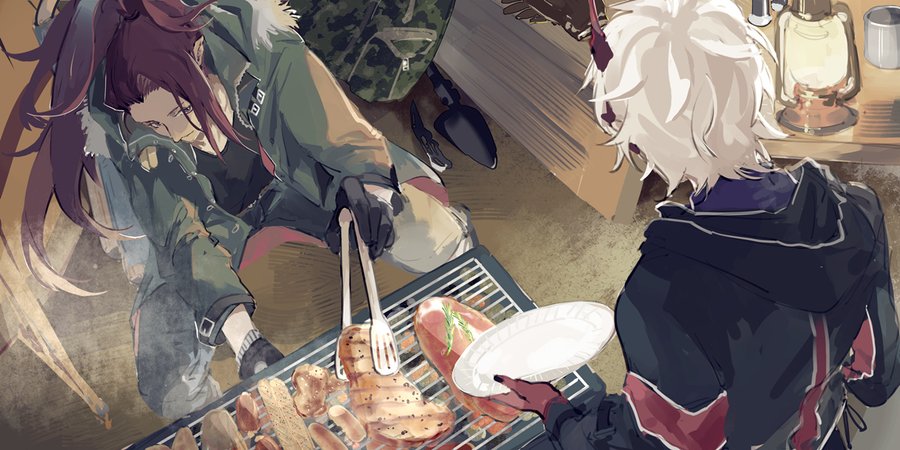 an anime drawing of two friends, one with long purple hair, the other with white hair, they are both wearing casual outfits, enjoying a barbecue together. the person with purple hair is cooking on the grill, and the person with white hair is holding a plate. they both look happy to be spending time together.