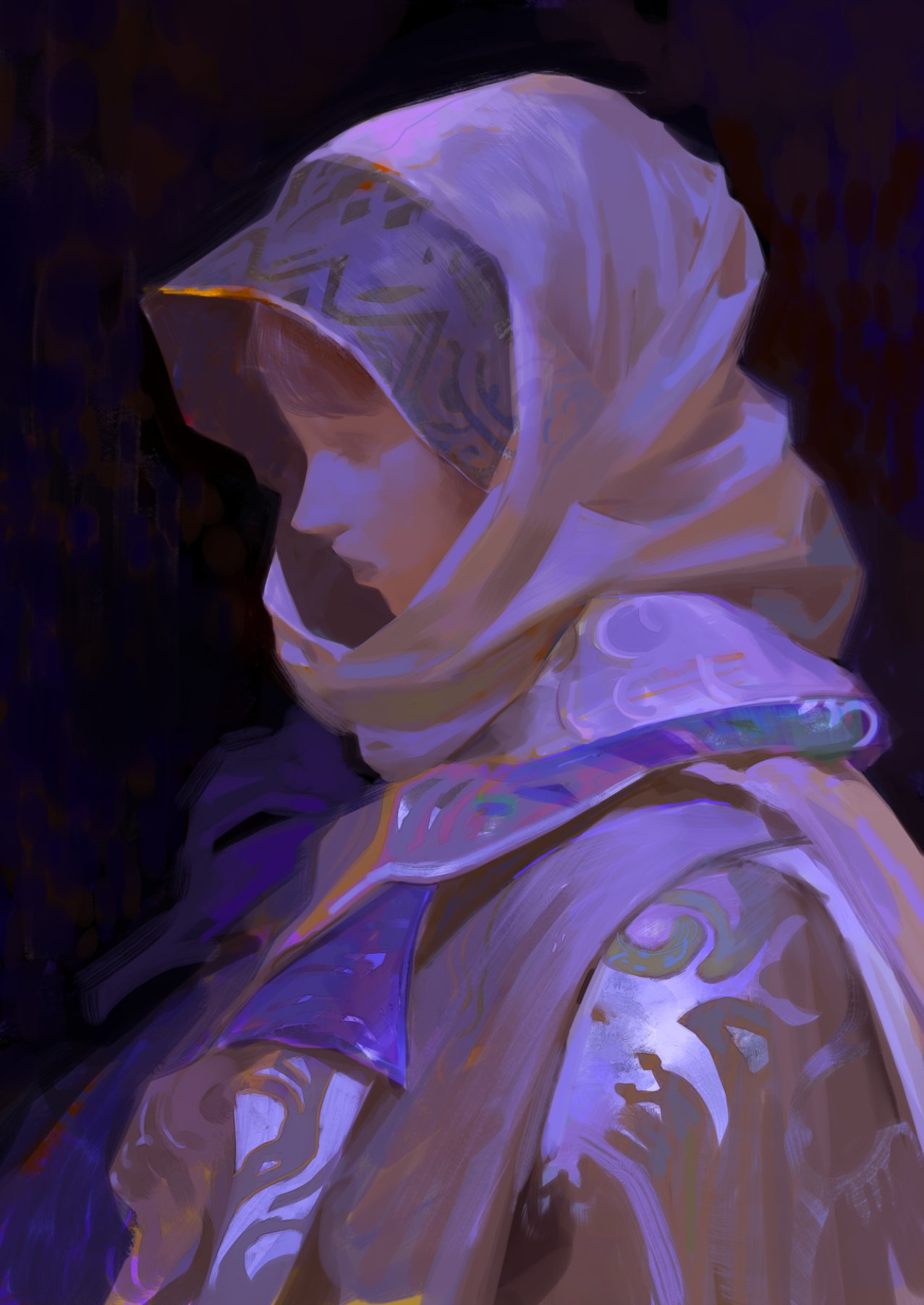 a digital painting of a woman in a hooded cloak. she is wearing a purple and white robe, and her face is obscured by the hood. the background is dark, and there are shadows around the woman. the painting has a mysterious and fantasy feel.