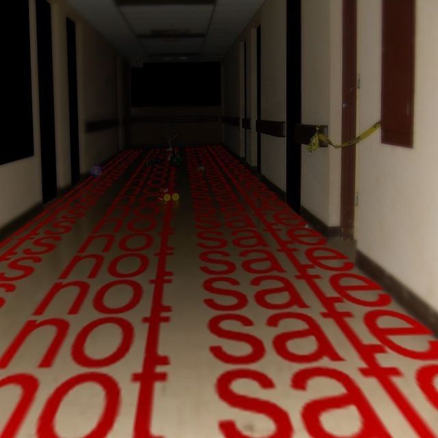 a long, narrow hallway with red and white tiled floor. the floor is covered with the words "not safe" written in red. the hallway is dark and empty, creating a feeling of danger and abandonment. the perspective makes it look like the hallway goes on forever. the image is suggestive of a scary or ominous place.