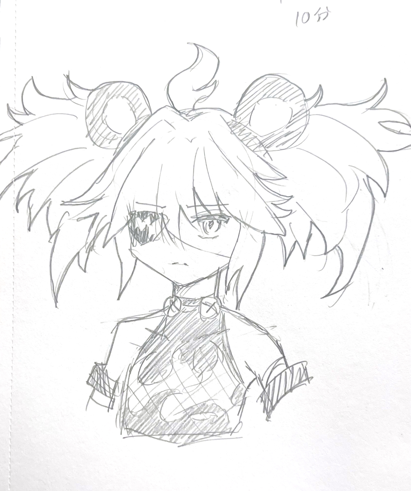 a sketch of an animestyle female character with an eyepatch, twin tails adorned with bear ears, a choker, and wearing a sleeveless outfit. her hair is spiky and she has a serious expression.