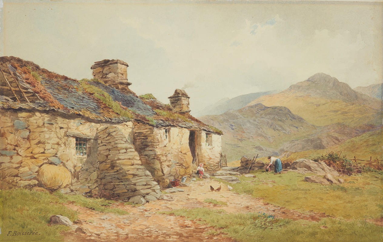 a watercolor painting by f. boisseree depicting a rural scene. the painting features a stone cottage with a dilapidated, mossy roof and two chimneys. a woman and a child are visible outside the cottage, with chickens roaming nearby. in the background, there are mountains and hills, creating a scenic landscape. the overall impression is one of a rustic, somewhat rundown dwelling in a natural setting. the painting is likely from the 19th century.