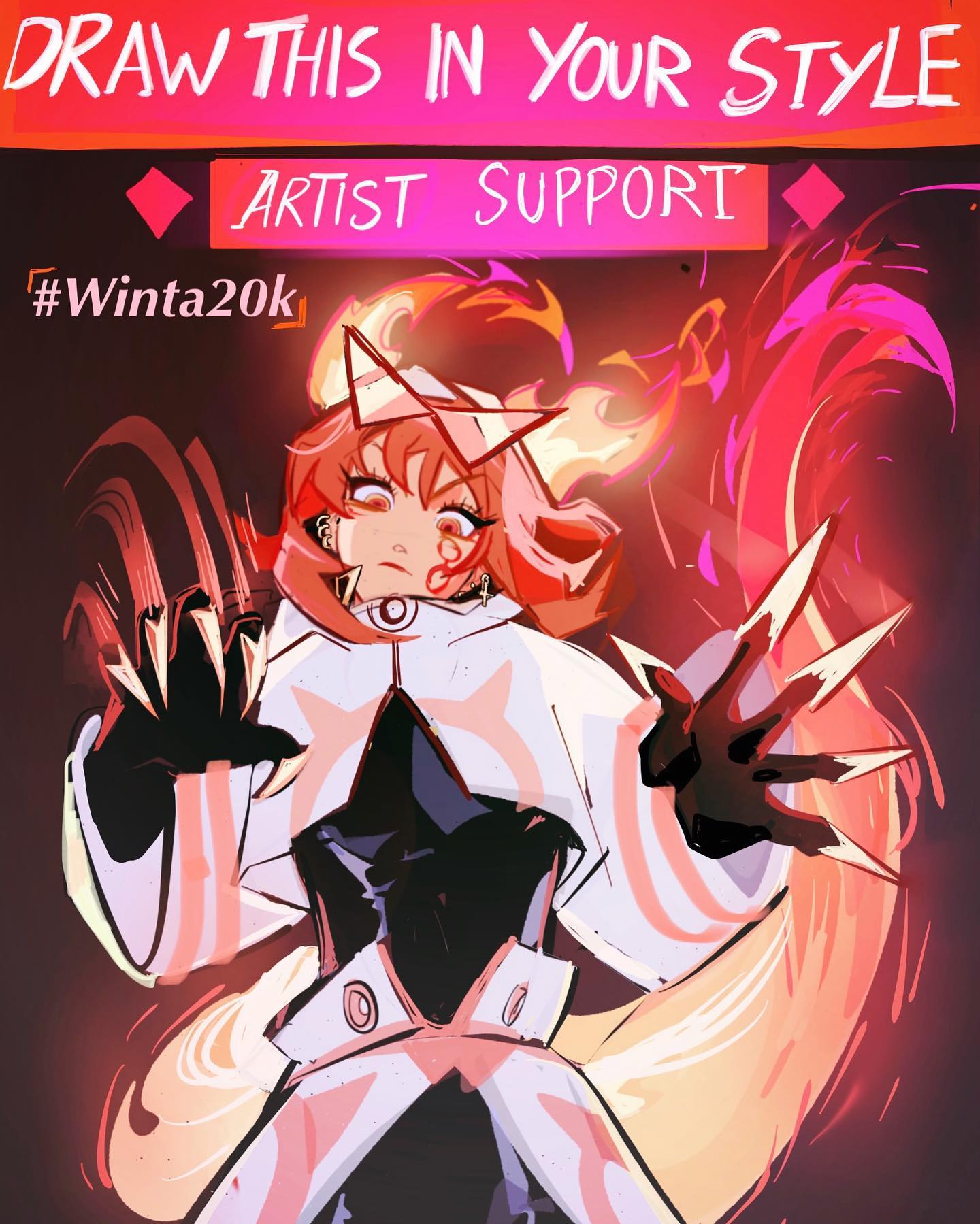 the image is a vibrant digital drawing featuring an animestyle female character. she has long, flowing pink and red hair with fiery accents, suggesting a magical or powerful ability.  her outfit is a stylized, white and dark colored ensemble with a capelike element.  she's in a dynamic pose, her hands outstretched with sharp, clawlike features, and she's surrounded by swirling fiery energy. the art style is modern and energetic with bold colors and brushstrokes. the image is presented as an "artist support" prompt, featuring the hashtag #winta20k likely referring to the original artist.