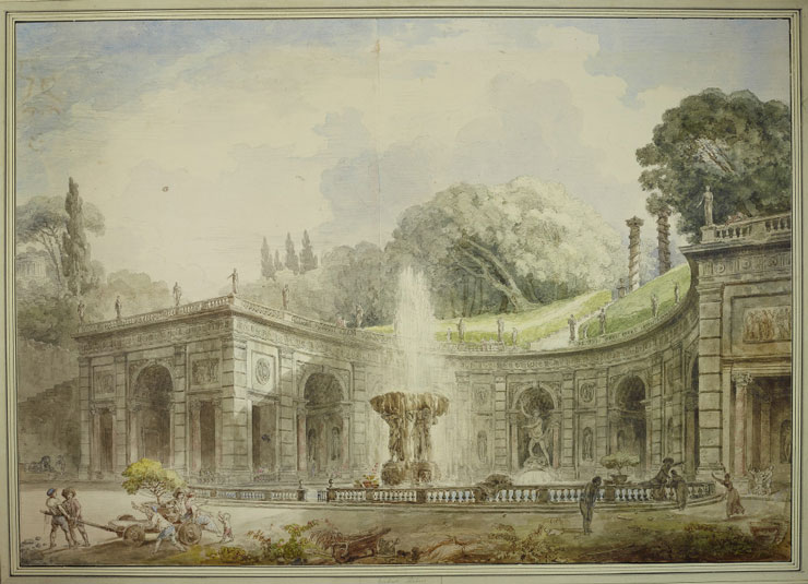 a watercolor painting depicts a classical italian garden with a large fountain as its centerpiece. the architecture features arches, columns, and statues. several people are seen in the garden, some pushing a chariot. lush trees and a cloudy sky complete the scene.