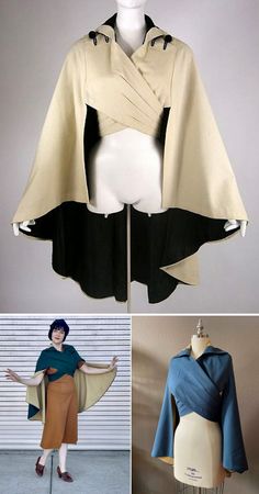 the image showcases a stylish cape design in three different formats. at the top, a creamcolored cape with a black lining is displayed on a headless mannequin, highlighting its unique crisscross front and flowing silhouette. the bottom left features a woman modeling a similar cape in a vibrant teal, paired with an orange top and brown skirt.  she stands against a white brick wall, showcasing the cape's movement and drape. lastly, the bottom right presents a front view of the teal cape on a dress form, offering a clearer look at its construction and shape.