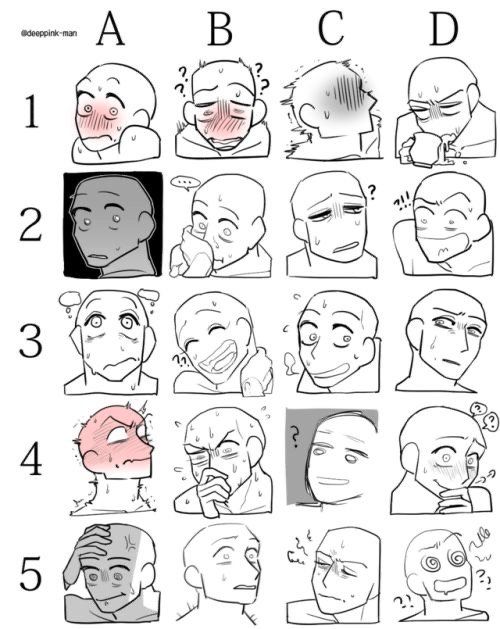 the image is a chart with five rows and four columns of black and white sketches of male faces with different expressions. the rows are labeled from 1 to 5, and the columns are labeled a, b, c, and d. each square contains a single sketch of a male face with a different expression, such as surprised, happy, sad, confused, or blushing. the sketches are simple and easy to follow, and they would be great for practicing drawing different facial expressions.