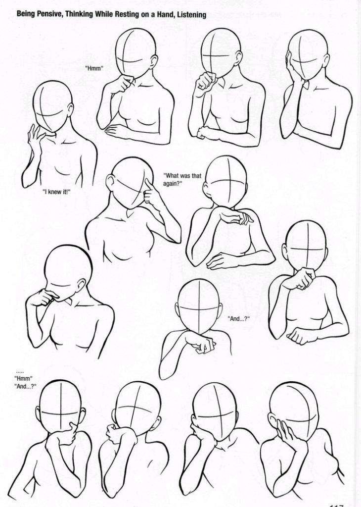 the image shows a collection of 12 sketches of people in different poses. all the people in the sketches are depicted as resting their chins on their hands with various expressions on their faces. the poses and expressions suggest that they are thinking or listening pensively.  these sketches are examples of various hand positions and body language.