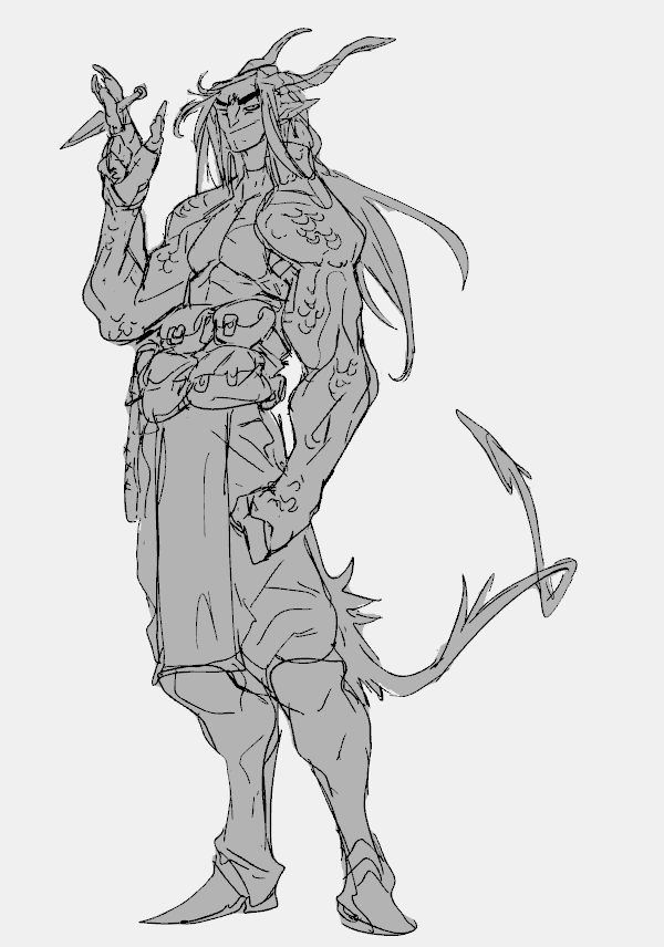 a rough pencil sketch of a muscular male demon character. the demon has horns, a tail, and is wearing armor. he is holding a dagger in his left hand and appears to be a warrior.