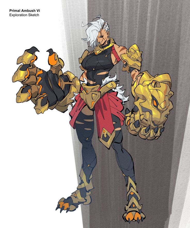 the image is a digital painting or sketch of a female character design concept titled "primal ambush vi".  the character is powerfully built with short, gray hair, dark skin, and is wearing a mix of black and red clothing accented with large, golden, clawlike gauntlets and boots. her expression is fierce and determined. the art style is dynamic and stylized, hinting at a fantasy or video game setting. the background is a muted gray, focusing attention on the character.  the title "exploration sketch" suggests this is a work in progress.
