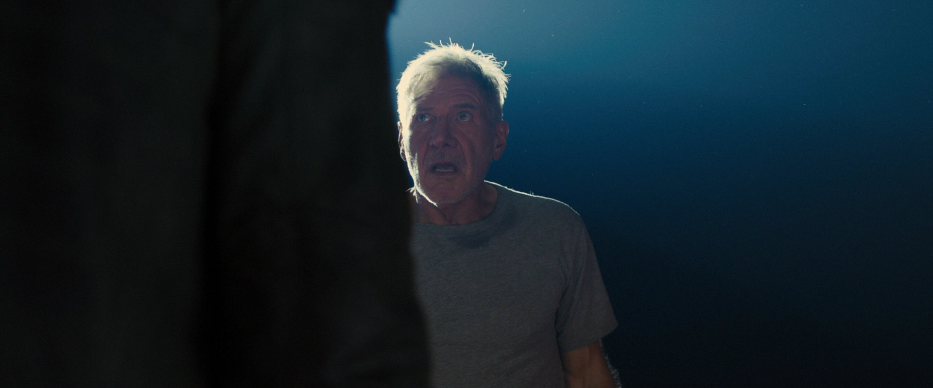 a still image capturing a dramatic moment. an older man with a shocked and fearful expression is illuminated by a bright spotlight against a dark background. the perspective is from behind another person, suggesting a confrontation. the man's face is the focal point, emphasizing his emotion.  the palette is dark and muted, enhancing the drama and suspense.