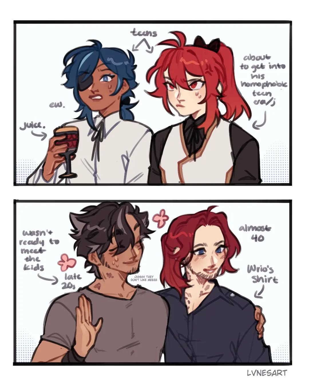 the image is a twopanel digital fanart comic featuring characters that appear to be inspired by genshin impact. the top panel shows three characters: one with a blue eyepatch and dark blue hair (possibly implying they are a teenager), a redhaired character (also possibly a teenager), and another character  standing behind them, looking displeased. text bubbles indicate the age and relationship dynamics between the characters. the bottom panel shows two older characters, one with dark hair and the other with red hair, implying a significant age gap. the text bubbles suggest that the older characters were not expecting to be around teenagers,  and that one character is wearing the other's shirt. the art style is light and casual, with a focus on expressive characters and humorous dialogue.  the overall tone of the comic is lighthearted and humorous, despite the underlying themes of homophobia and age differences.