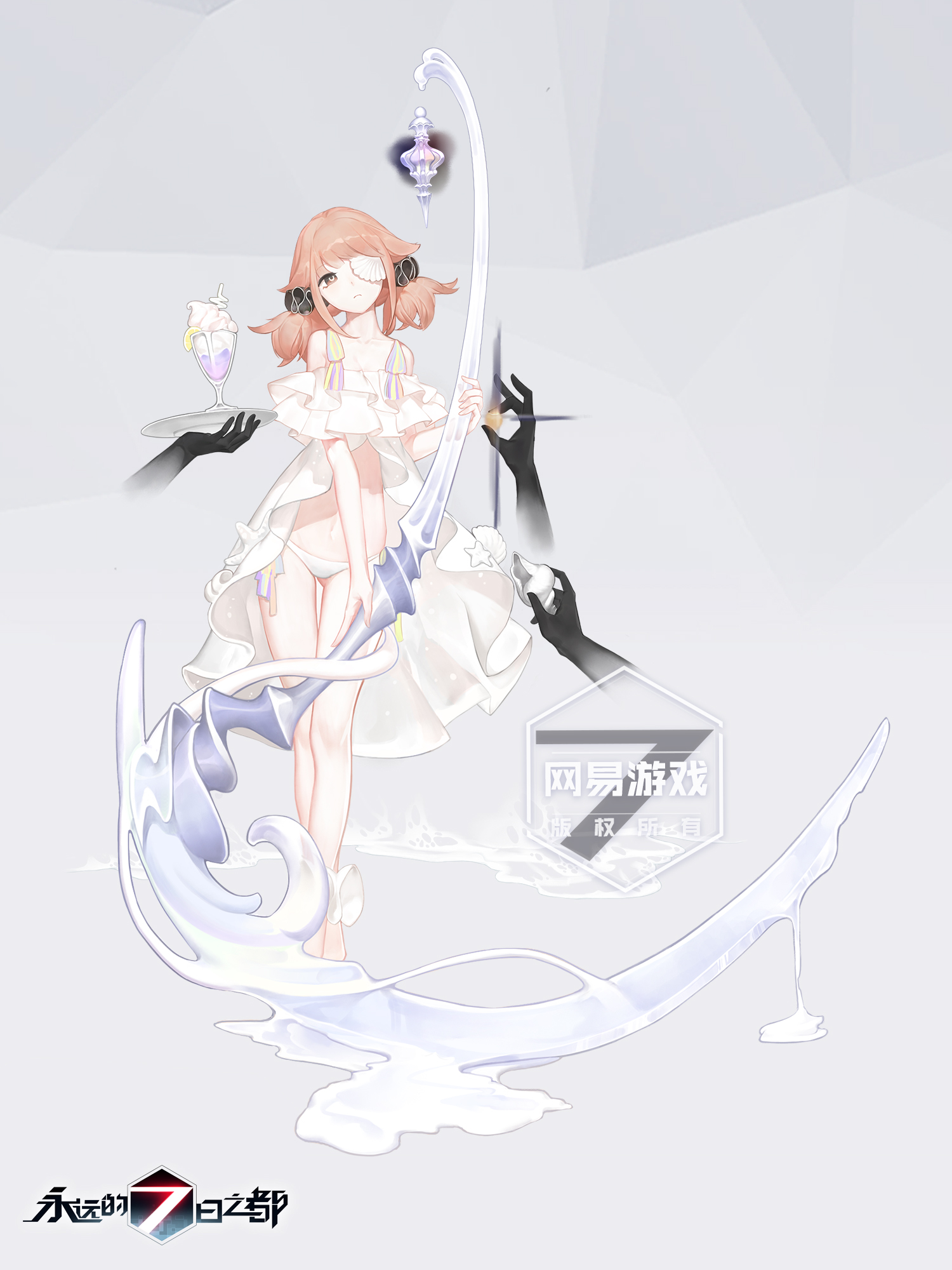 the image features an anime girl with pink hair and yellow eyes, dressed in a white and yellow summer outfit. she holds a large, ornate scythe made of swirling water and metal. the scythe's blade curves dramatically to the bottom of the image, trailing liquid. her pose is casual and slightly seductive.  behind her, disembodied hands offer a parfait and paint with a brush, hinting at luxury and leisure. the overall aesthetic is soft, ethereal, and slightly suggestive.
