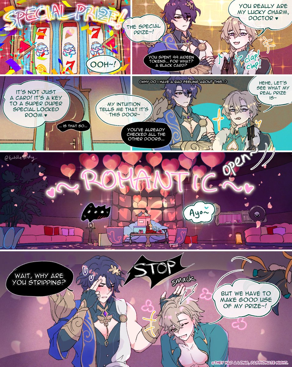 he image is a digital fanart comic depicting a romantic comedy scene between two genshin impact characters, albedo and xiao. the comic unfolds in several panels, starting with a scene at a slot machine where xiao wins a "special prize" — a key to a locked room. albedo expresses skepticism and a "bad feeling," but xiao insists on checking the room, which turns out to be a romantic setting. the last panel shows them embracing in a passionate embrace, signifying a "long, passionate night".  the art style is vibrant and playful, filled with expressive characters and dynamic poses. the narrative is lighthearted and humorous, focusing on the unexpected romantic development.