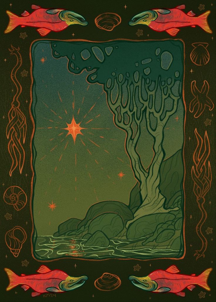 he image is a digital illustration or painting in a fantasy style, depicting a mystical coastal scene at night.  a central element is a stylized tree standing on a rocky shore by the water's edge, beneath a night sky with a prominent star.  the scene is framed by a decorative border featuring salmon fish, shells, and celtic knotlike designs. the overall color palette is dark, with greens and oranges dominating, giving a sense of mystery and magic. the style is reminiscent of vintage illustrations or illuminated manuscripts.
