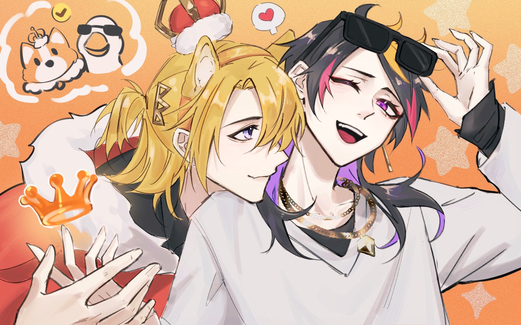 the image shows a male anime character with blonde hair and a crown on his head holding another male anime character who is wearing sunglasses and a necklace. they are both smiling and seem to be happy. the image appears to be a fan art of two anime characters.  the image is drawn in a cute, anime style, with bright colors and soft lines.