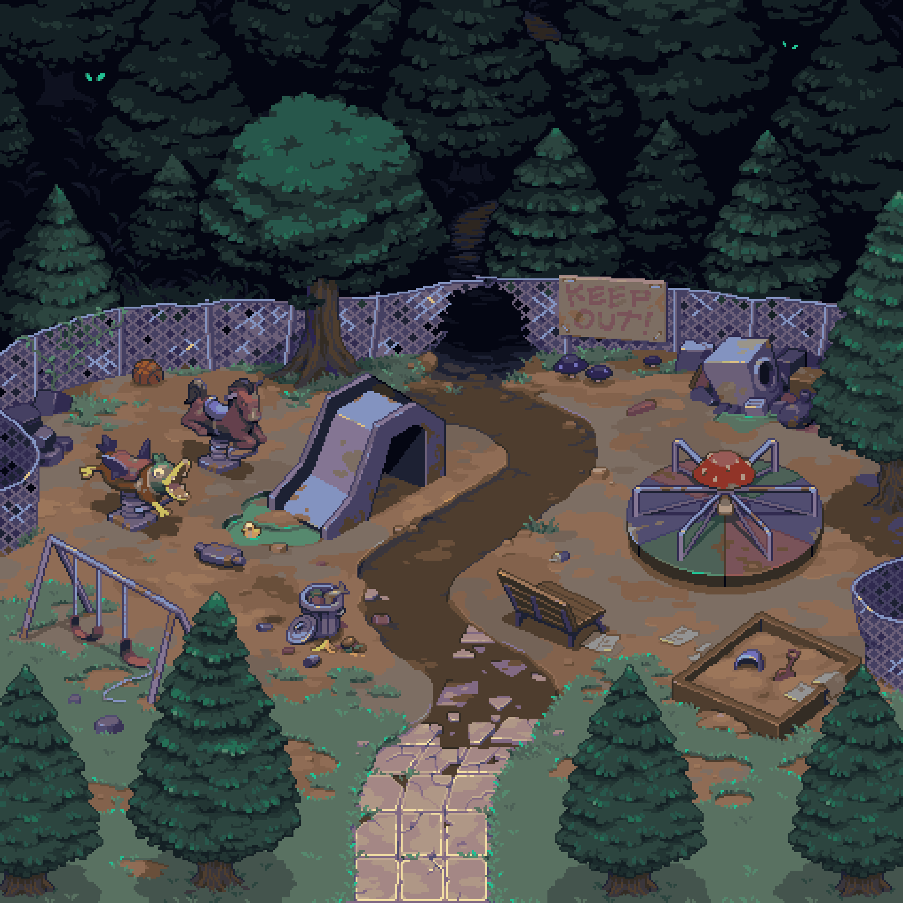 the image is a pixel art depiction of an abandoned playground at night, nestled within a dark forest. the playground equipment is rundown and muddy, with trash strewn about.  a "keep out!" sign adds to the ominous atmosphere. the overall style evokes a feeling of creepiness and neglect, with overgrown vegetation and a sense of decay. the scene features a broken swing set, a slide with a damaged tunnel, a rusty merrygoround, and a sandbox.  a small, froglike creature is visible on one of the play structures.  a stream or muddy gully winds its way through the playground. the dark, shadowy forest surrounding the area adds to the overall sense of mystery and unease.