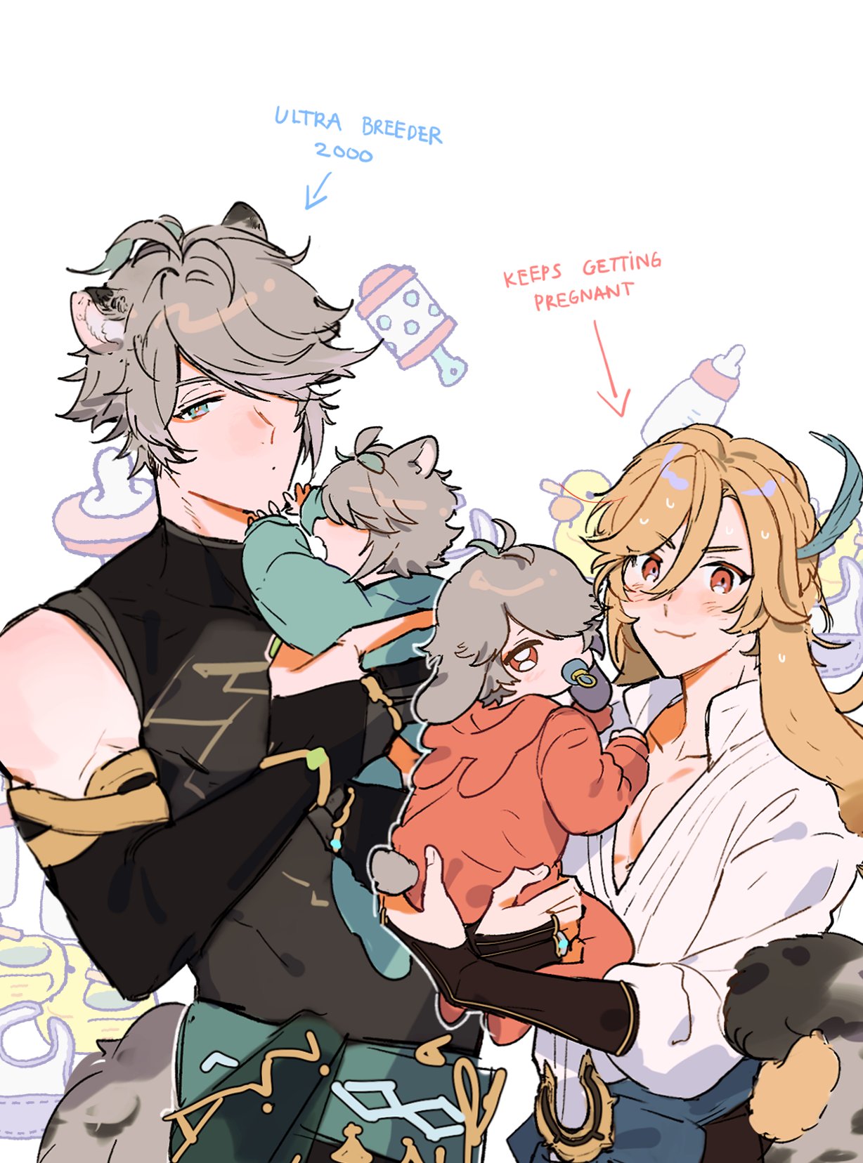 this is a cute and colorful digital illustration of an anime couple holding babies. the man is dressed in a black tank top with gold trim and green pants. he is holding a baby with gray hair and teal clothes. the woman has long, golden hair and is wearing a white shirt with blue jeans. she is holding a baby with gray hair and a red outfit. both babies have pacifiers in their mouths. the man is holding his baby on his left arm and the woman is holding her baby on her right. the two are standing next to each other and look happy and relaxed. there are some yellow duck toys and a blue baby rattle floating around the couple, as well as some other babyrelated items.