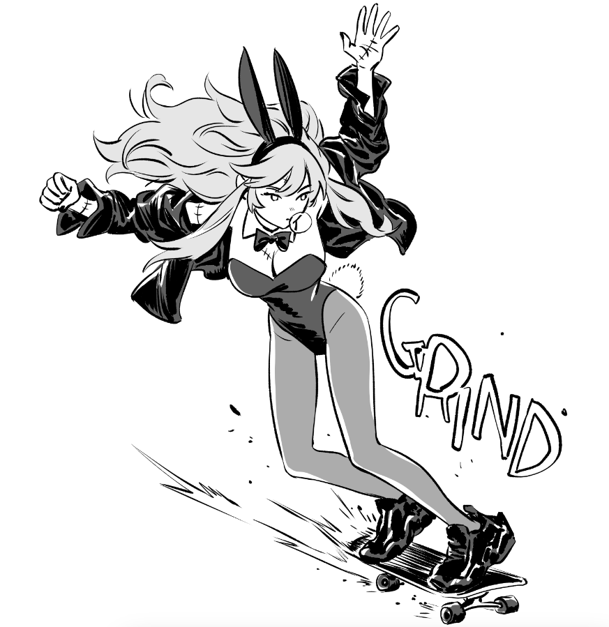 this is a black and white illustration of a woman in a bunny costume skateboarding. she is doing a grind trick on the board, and the word "grind" is written in the background. the woman has long flowing hair and is wearing a black jacket over her bunny suit.