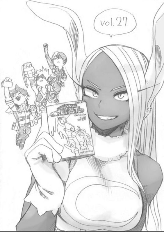 this is a manga/anime style illustration of a young woman with long white hair and rabbit ears. she is holding a comic book, and a few other figures from the book are behind her.  she is smiling and appears to be very happy and friendly.