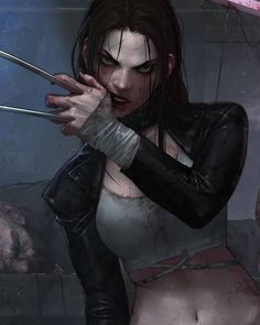 a closeup illustration depicts a woman with fierce eyes, blood on her mouth, and claws extended. she appears battleworn, wearing a ripped white top and a black leather jacket. the lighting is dramatic, highlighting her from a slightly low angle against a dark and gritty background.