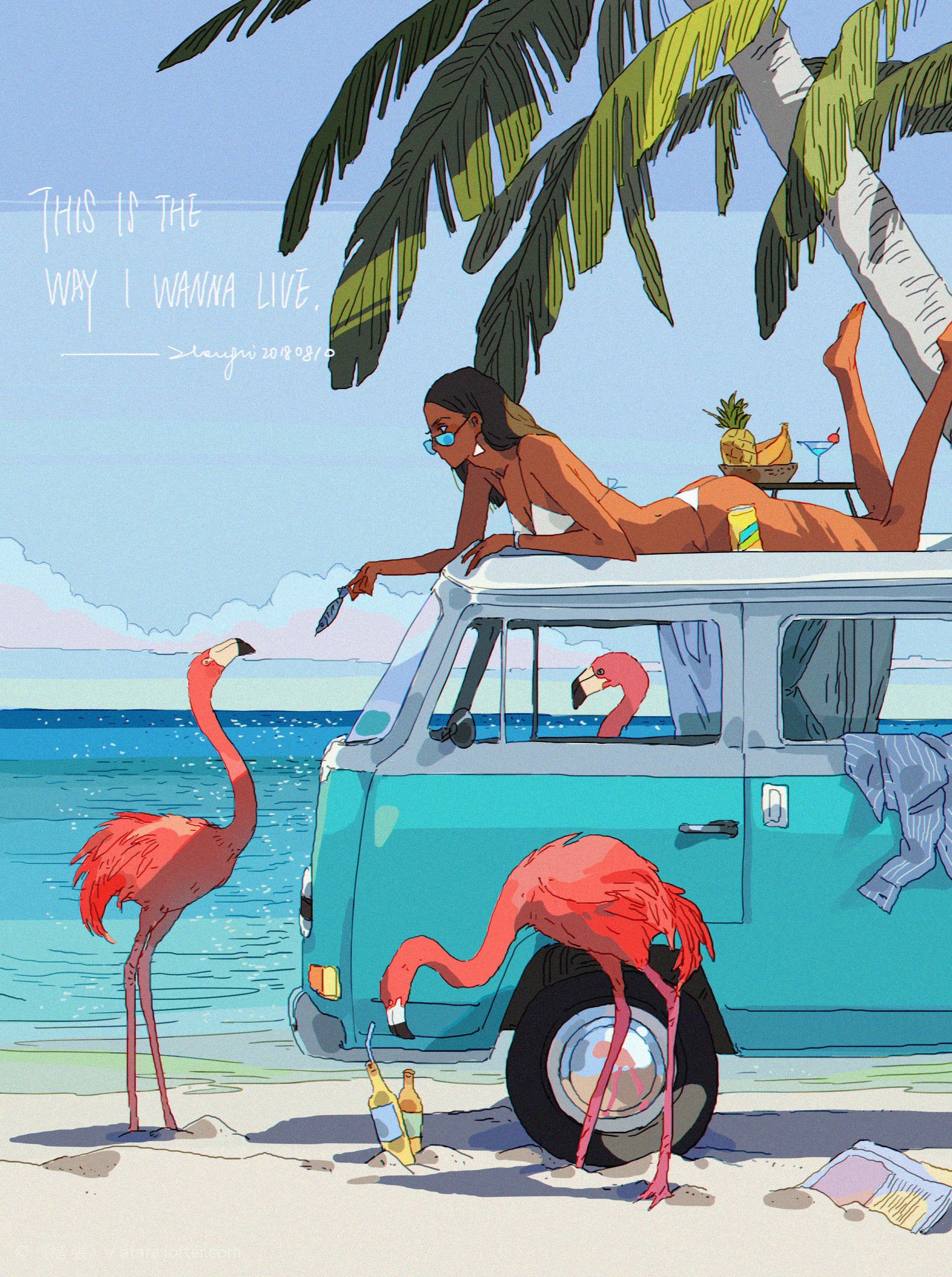 a young woman in a bikini relaxes on top of a van.  she is looking out at the ocean and a pink flamingo. there are two other flamingos in the image, one looking in the window of the van, and the other beside the van. there is a pineapple and other fruit on the top of the van. the scene is set in a tropical paradise with a bright blue ocean and a palm tree in the background. the sky is orange and yellow.