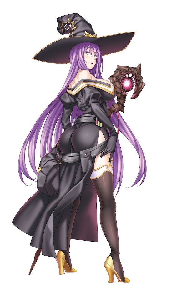 an anime woman with long purple hair and a black dress stands against a white background. she wears a witch's hat and tall black boots. she holds a staff with a glowing red orb on the end of it.