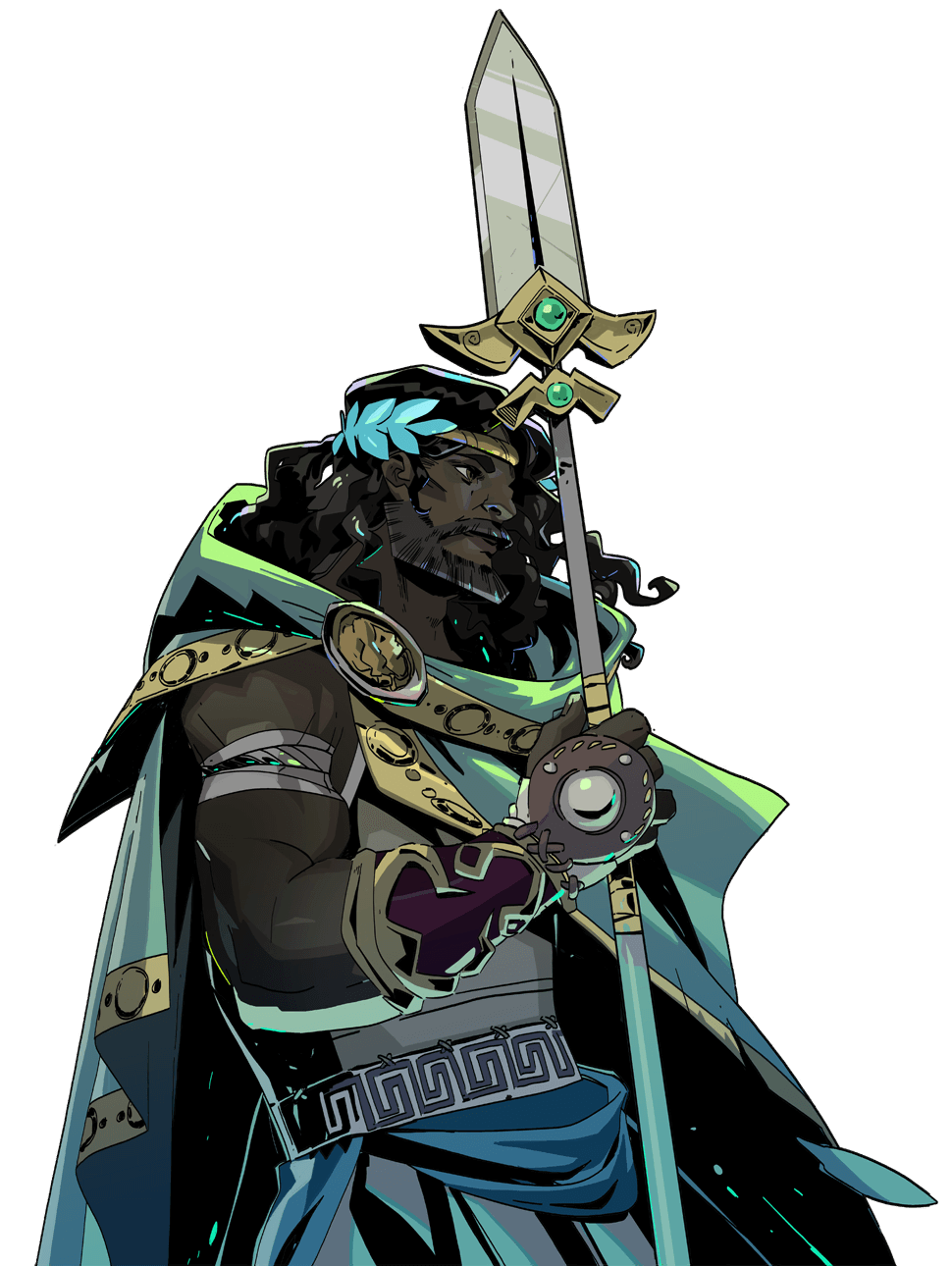 a detailed illustration of a man in a green and blue toga holding a spear. he has a dark complexion and a black beard. he is wearing gold jewelry.  he is a warrior with a shield strapped to his arm. this appears to be an illustration of poseidon, the greek god of the sea.