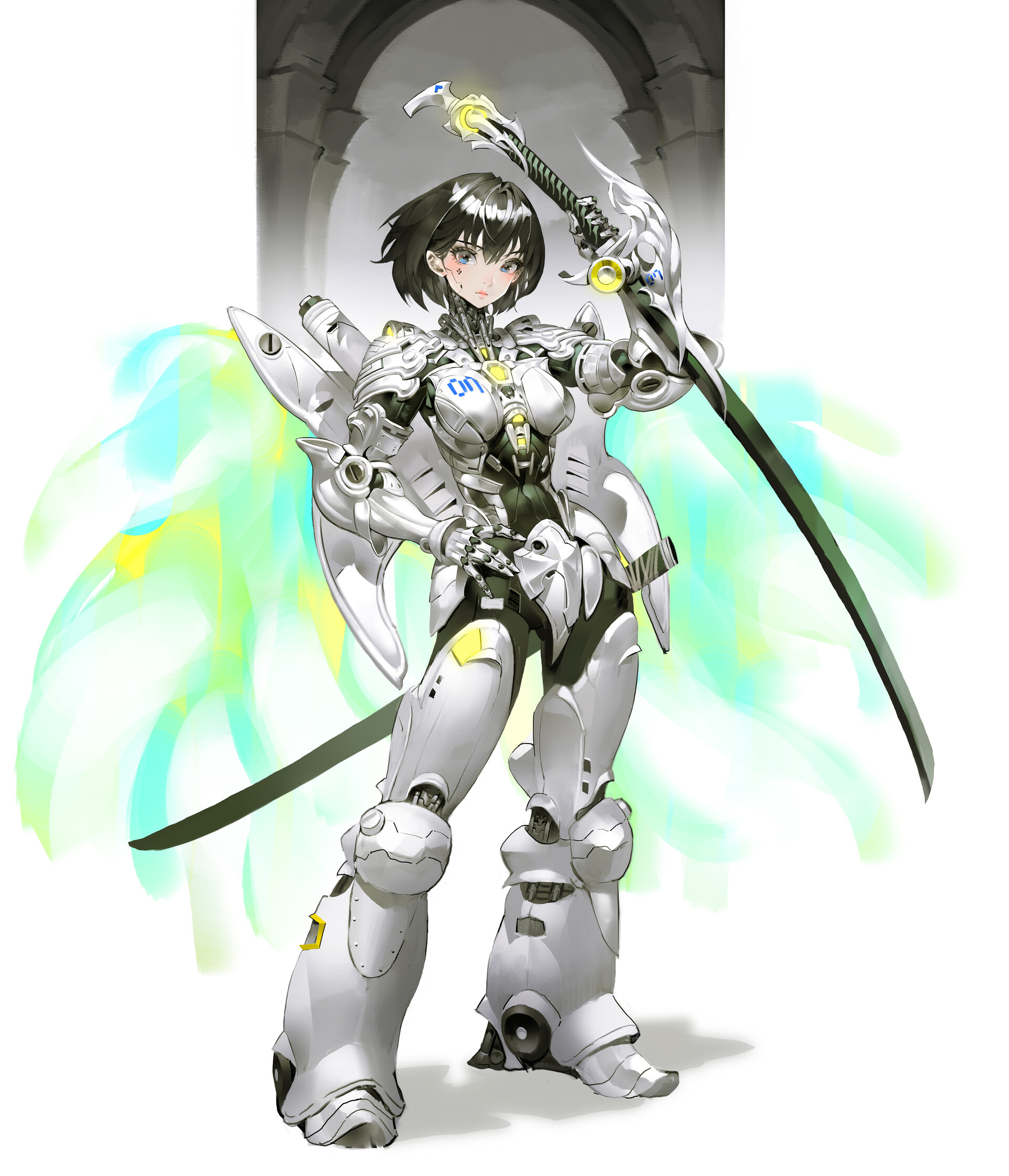 an animestyle illustration of a woman in futuristic, white and gray cyborg armor wielding a katana. she has short black hair and green eyes. the armor features wings and mechanical details. she stands in front of an arched doorway with a green and yellow aura behind her.